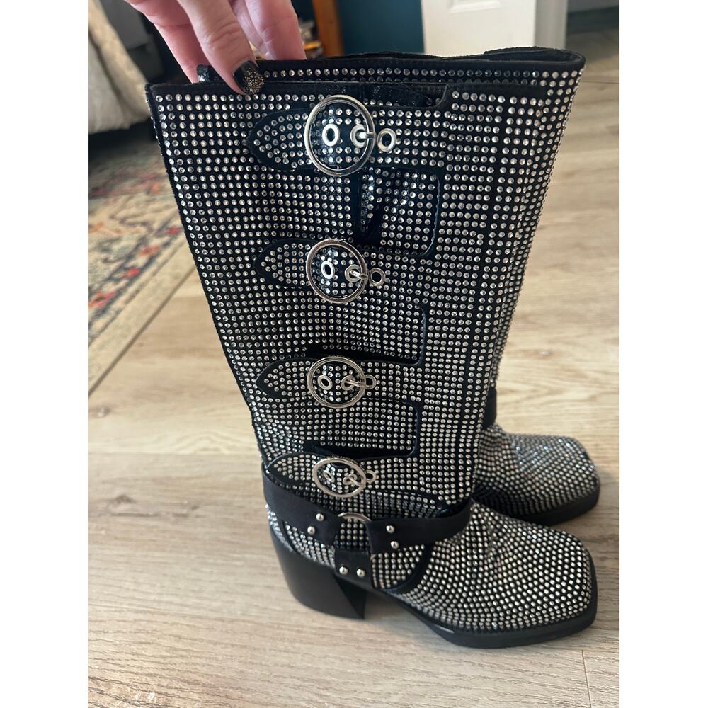 AZALEA WANG BRONSON BLACK RHINESTONE EMBELLISHED BOOT size 6 - Picture 3 of 10